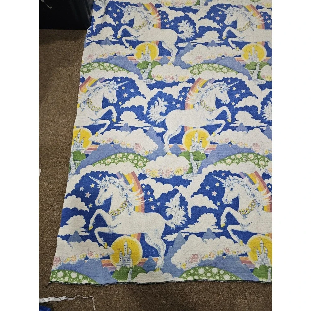 Vintage Unicorn Blanket‎ Fabric 84x74 Blue Rainbow Castle Fantasy Retro